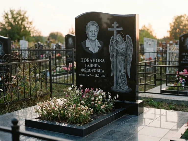 Памятник с гравировкой ангела — гравировка ангела с крестом рядом с эпитафией, работа «Лобанова» в Краснодаре
