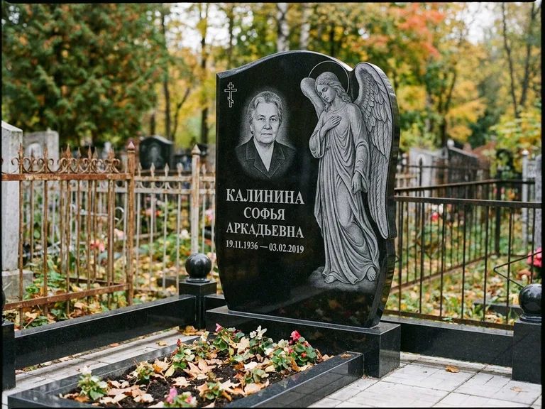 Памятник с гравировкой ангела — гравировка ангела с крестом рядом с эпитафией, работа «Игнатова» в Краснодаре