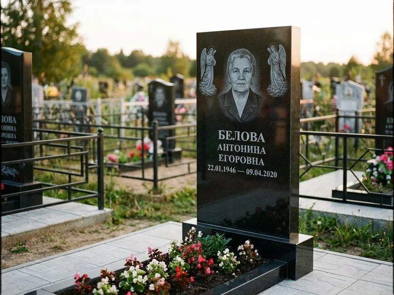 Памятник с гравировкой ангела — белая гравировка скорбящего ангела над портретом, работа «Журавлёва» в Краснодаре