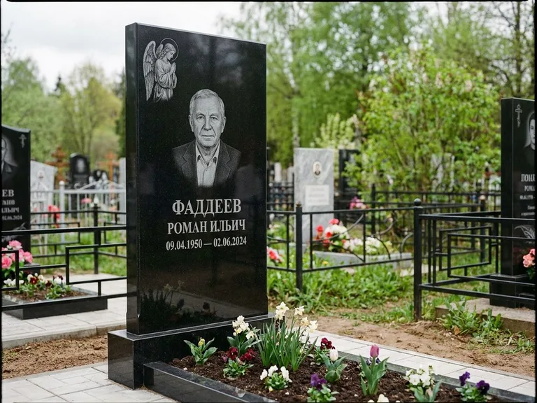 Памятник с гравировкой ангела — гравировка молящегося ангела в верхней части стелы, работа «Фаддеев» в Краснодаре