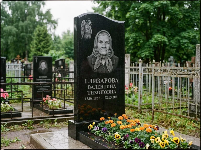 Памятник с гравировкой ангела — гравировка ангела с голубем по диагонали стелы, работа «Пантелеева» в Краснодаре