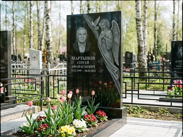 Памятник с гравировкой ангела — гравировка двух ангелов по сторонам портрета, работа «Касаткин» в Краснодаре