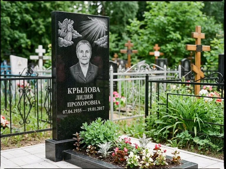 Памятник с гравировкой ангела — гравировка ангела в облаках с лучами над портретом, работа «Лобанова» в Краснодаре