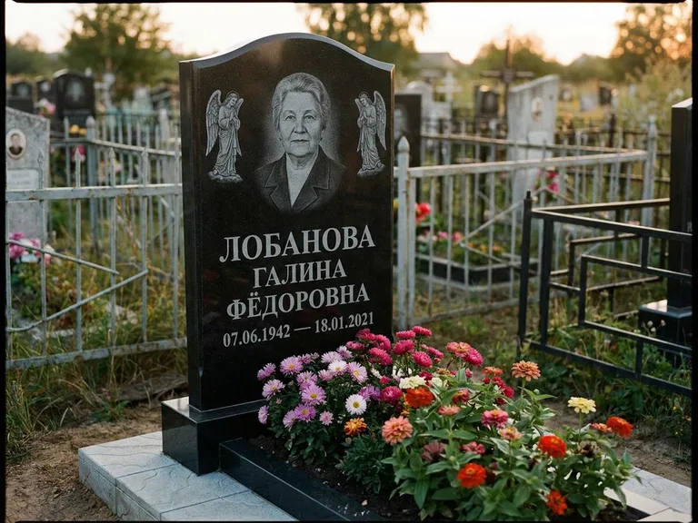 Памятник с гравировкой ангела — гравировка двух ангелов по сторонам портрета, работа «Лобанова» в Краснодаре