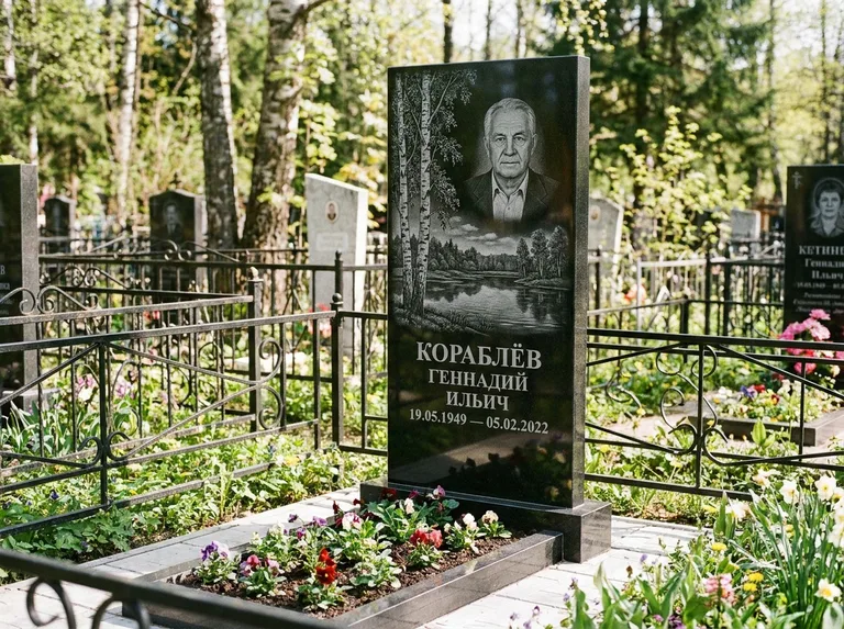 Памятник с гравировкой берёзы — гравировка берёзы у зеркального озера, работа «Кораблёв» в Краснодаре