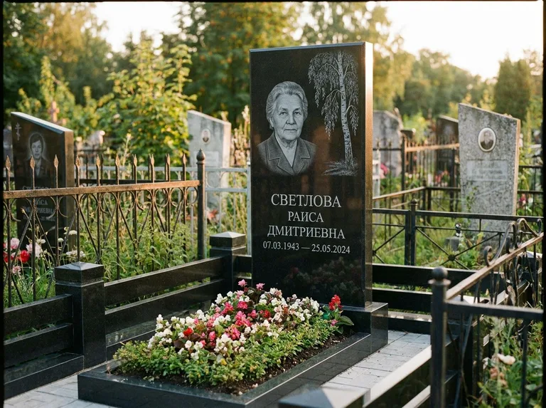 Памятник с гравировкой берёзы — гравировка плакучей берёзы с тонкими ветвями, работа «Светлова» в Краснодаре