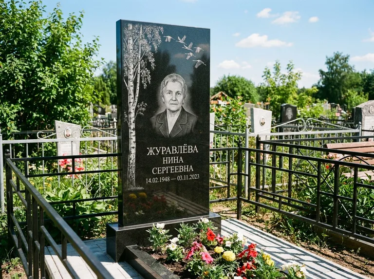 Памятник с гравировкой берёзы — гравировка берёзы с журавлиным клином в небе, работа «Журавлёва» в Краснодаре