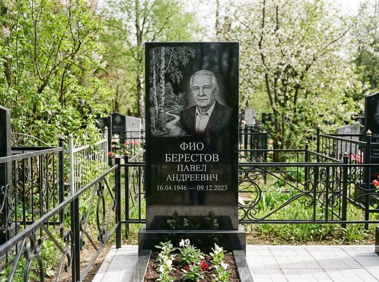 Памятник с гравировкой берёзы — гравировка берёзы у тропинки, уходящей вдаль, работа «Берестов» в Краснодаре