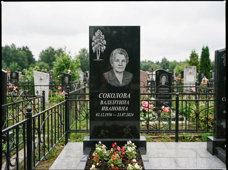 Памятник с гравировкой берёзы — гравировка одинокой берёзы над именем, работа «Соколова» в Краснодаре