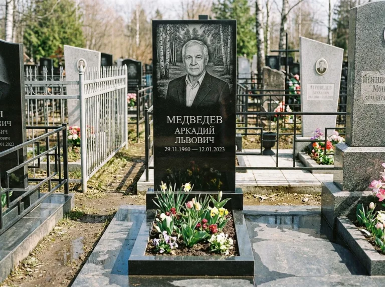 Памятник с гравировкой берёзы — гравировка берёзовой рощи в глубину, работа «Медведев» в Краснодаре