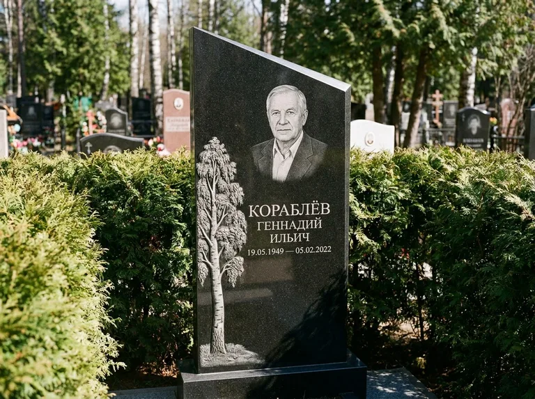 Памятник с гравировкой берёзы: асимметричная скошенная стела — объёмная одинокая берёза с фактурной корой, живая изгородь из туи, работа «Кораблёв» в Краснодаре