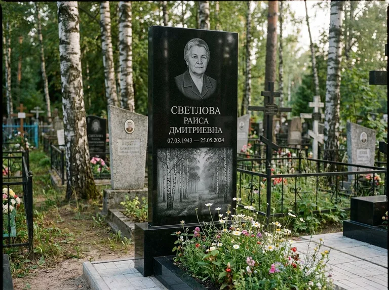 Памятник с гравировкой берёзы: двойная семейная стела — берёзовая роща в лёгкой дымке, цветник с полевыми цветами, работа «Светлова» в Краснодаре