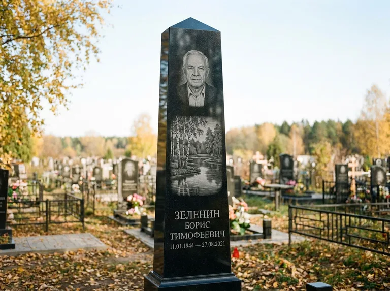 Памятник с гравировкой берёзы: гранёный обелиск-колонна — берёза у воды с отражением, открытый участок, мягкий свет, работа «Зеленин» в Краснодаре