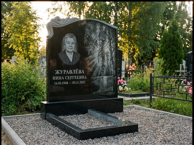 Памятник с гравировкой берёзы: стела с фигурным резным верхом — плакучая берёза в контровом свете, гравийная отсыпка, рассвет, работа «Журавлёва» в Краснодаре