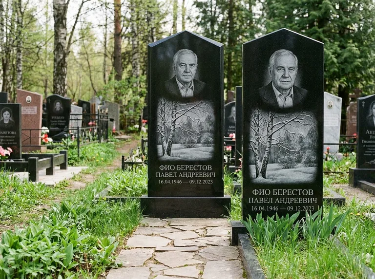 Памятник с гравировкой берёзы: массивная стела с двускатным навершием — зимняя берёза, снег на ветвях, дорожка из природного плитняка, работа «Берестов» в Краснодаре
