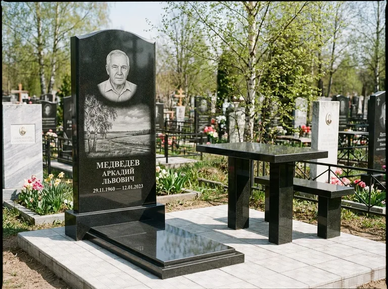 Памятник с гравировкой берёзы: стела с гранитным столиком и скамьёй — берёза у поля, простор до горизонта, семейный участок с плиткой, работа «Медведев» в Краснодаре
