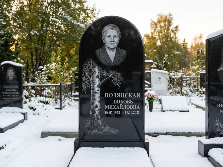 Памятник с гравировкой берёзы: полукруглая стела — объёмная одинокая берёза с фактурной корой, заснеженный зимний участок, работа «Полянская» в Краснодаре