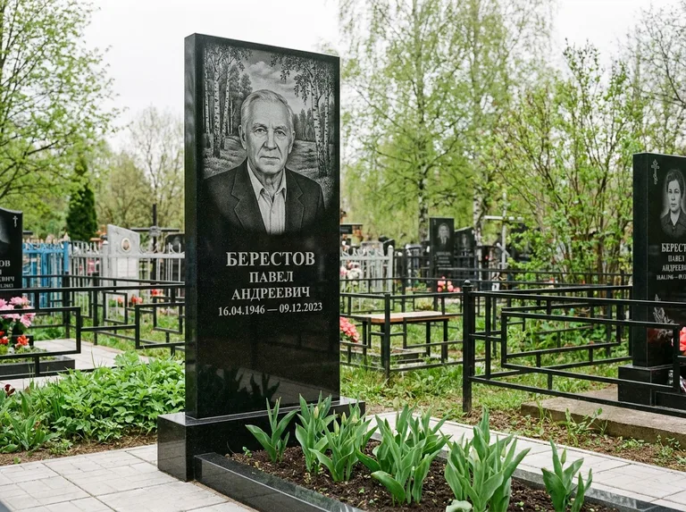 Памятник с гравировкой берёзы — гравировка берёзовой рощи в глубину, работа «Берестов» в Краснодаре