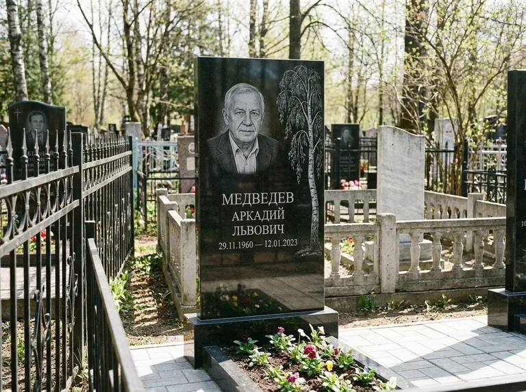 Памятник с гравировкой берёзы — гравировка плакучей берёзы с тонкими ветвями, работа «Медведев» в Краснодаре
