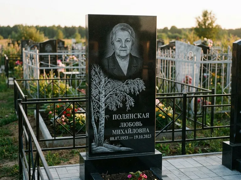 Памятник с гравировкой берёзы — гравировка зимней берёзы в инее, работа «Полянская» в Краснодаре