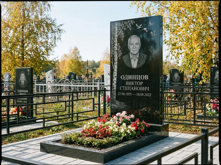 Памятник с гравировкой берёзы — гравировка берёзы с журавлиным клином в небе, работа «Одинцов» в Краснодаре
