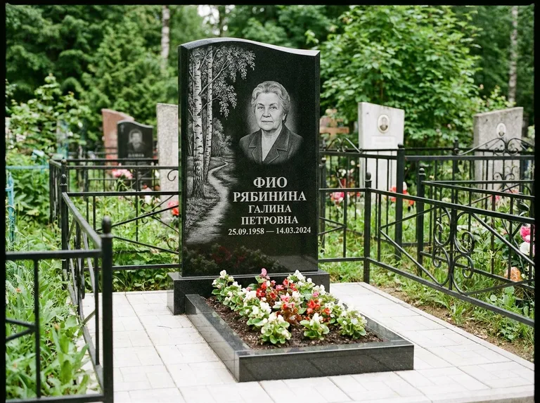 Памятник с гравировкой берёзы — гравировка берёзы у тропинки, уходящей вдаль, работа «Рябинина» в Краснодаре