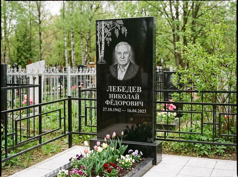 Памятник с гравировкой берёзы — гравировка одинокой берёзы над именем, работа «Лебедев» в Краснодаре