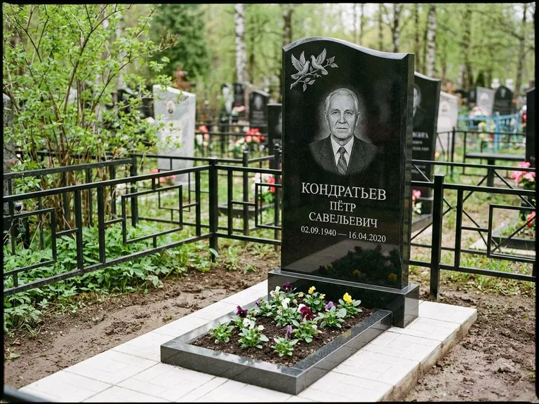 Памятник с гравировкой голубей — гравировка пары голубей на ветке в верхнем углу стелы, работа «Кондратьев» в Краснодаре