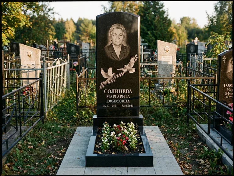 Памятник с гравировкой голубей — гравировка двух летящих голубей с лентой по диагонали стелы, работа «Солнцева» в Краснодаре