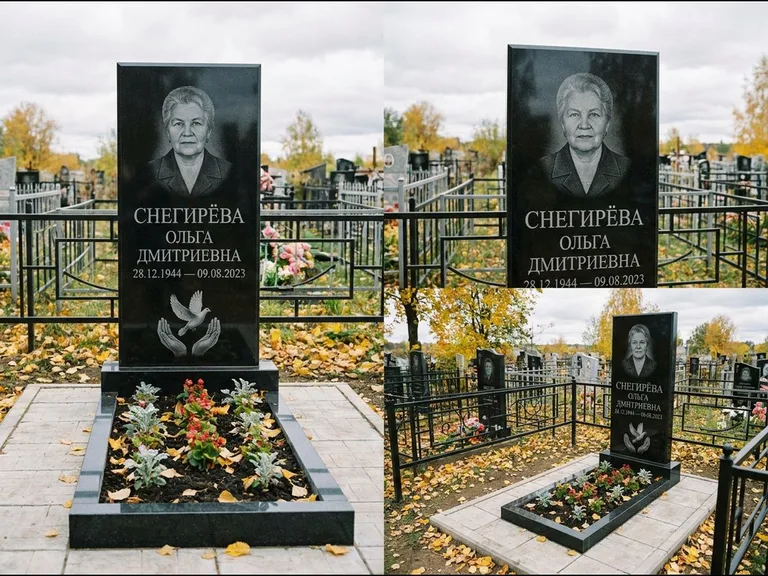 Памятник с гравировкой голубей — гравировка голубя над раскрытыми ладонями внизу стелы, работа «Снегирёва» в Краснодаре