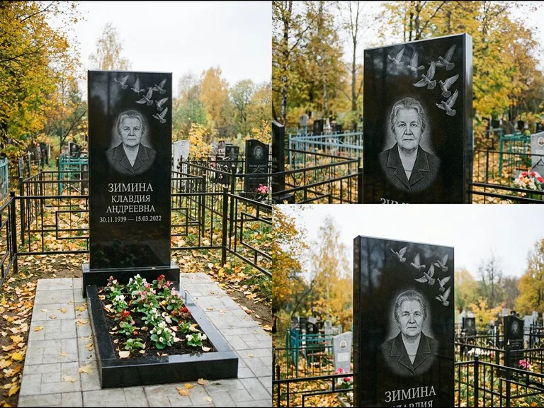 Памятник с гравировкой голубей — гравировка стаи голубей, взлетающей от угла стелы, работа «Зимина» в Краснодаре