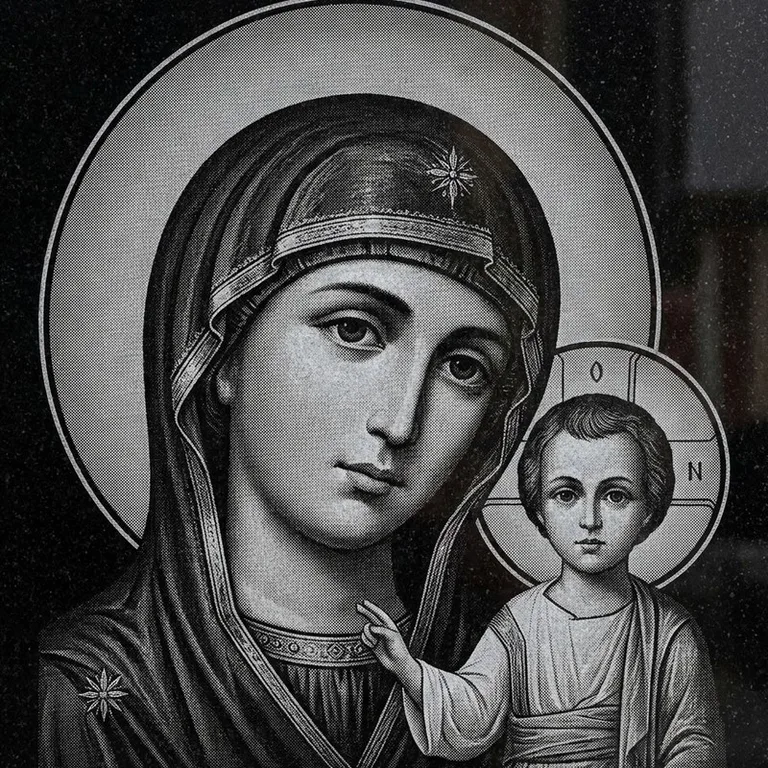 Эскиз иконы: Казанская (полутон) — детальный образ Богородицы, гравировка на памятник в Краснодаре
