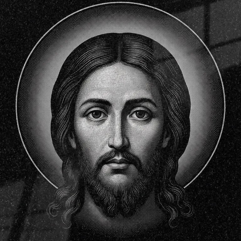 Эскиз иконы: Спас Нерукотворный (полутон) — детальный лик на убрусе, гравировка на памятник в Краснодаре