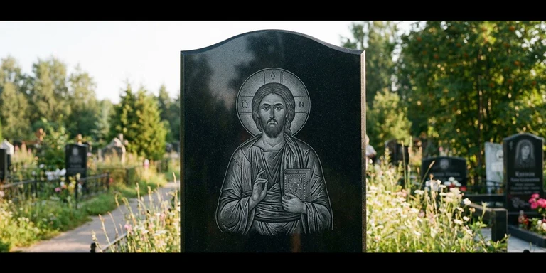 Иконы для гравировки на памятник в Краснодаре — образ на стеле из чёрного гранита с ручной доводкой лика