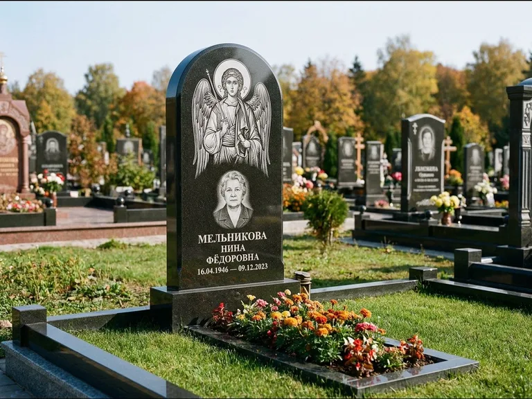 Памятник с гравировкой иконы — икона над портретом усопшего, работа «Журавлёв» в Краснодаре
