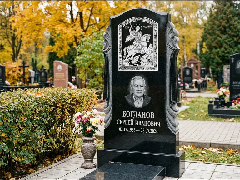 Памятник с гравировкой иконы — икона Спаса Вседержителя над именем усопшего, работа «Лебедева» в Краснодаре
