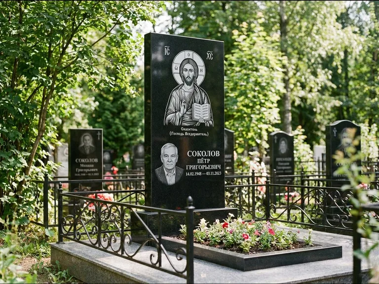 Памятник с гравировкой иконы — икона Спаса Вседержителя над именем усопшего, работа «Воронцова» в Краснодаре