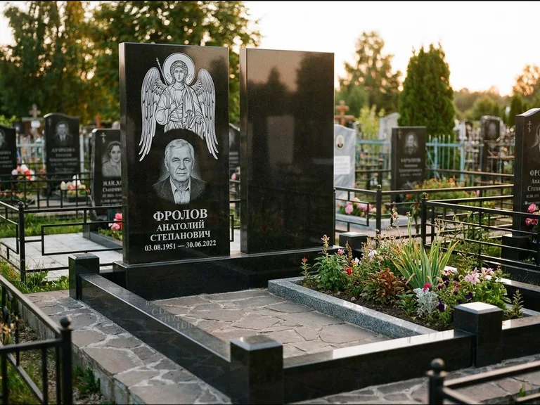 Памятник с гравировкой иконы: стела с резной рамкой вокруг иконы — Архангел Михаил на стеле, белая мраморная крошка с бордюром, работа «Богданова» в Краснодаре