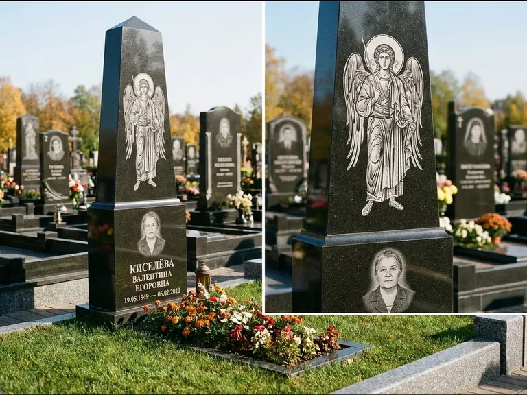 Памятник с гравировкой иконы: асимметричная скошенная стела — гравировка образа Спасителя, живая изгородь из кустарника, работа «Третьяков» в Краснодаре