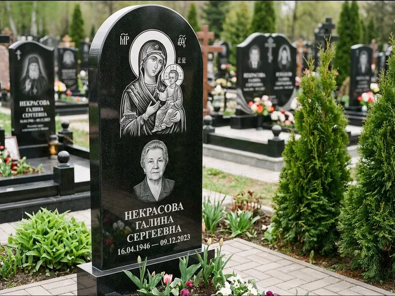 Памятник с гравировкой иконы: фигурная стела с киот-нишей под икону — икона в резной рамке-киоте, светлая гравийная отсыпка, работа «Журавлёв» в Краснодаре
