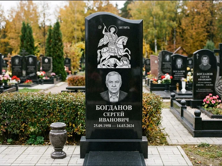 Памятник с гравировкой иконы: монументальный семейный мемориал из двух стел на общем цоколе — гравировка Николая Чудотворца, мощёная гранитная площадка без ограды, работа «Раевская» в Краснодаре