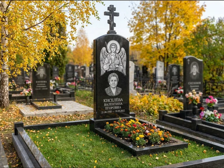Памятник с гравировкой иконы — образ в полный рост на обороте стелы, работа «Гущин» в Краснодаре