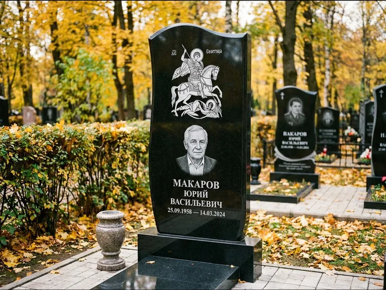 Памятник с гравировкой иконы — икона над портретом усопшего, работа «Раевская» в Краснодаре