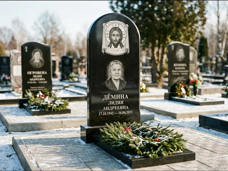 Памятник с гравировкой иконы — икона Спаса Вседержителя над именем усопшего, работа «Ковалёв» в Краснодаре