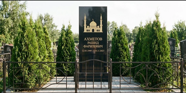 Гравировка мечети на памятник в Краснодаре — стела из чёрного гранита, оформление по канонам ислама