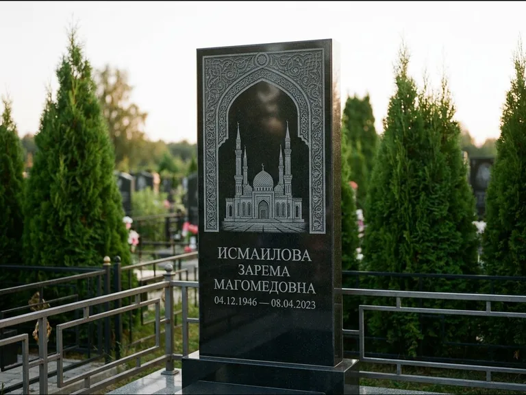 Мусульманский памятник с гравировкой мечети — мечеть в восточной арке с орнаментом, работа «Исмаилова» в Краснодаре