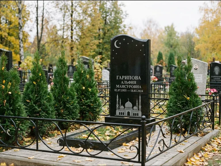 Мусульманский памятник с гравировкой мечети — мечеть с луной в ночном небе, работа «Гарипова» в Краснодаре