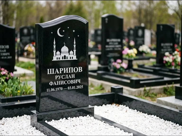 Мусульманский памятник с гравировкой мечети: стела с волнообразным скошенным верхом — гравировка мечети под полумесяцем и звёздами, белая мраморная крошка с бордюром, работа «Шарипов» в Краснодаре