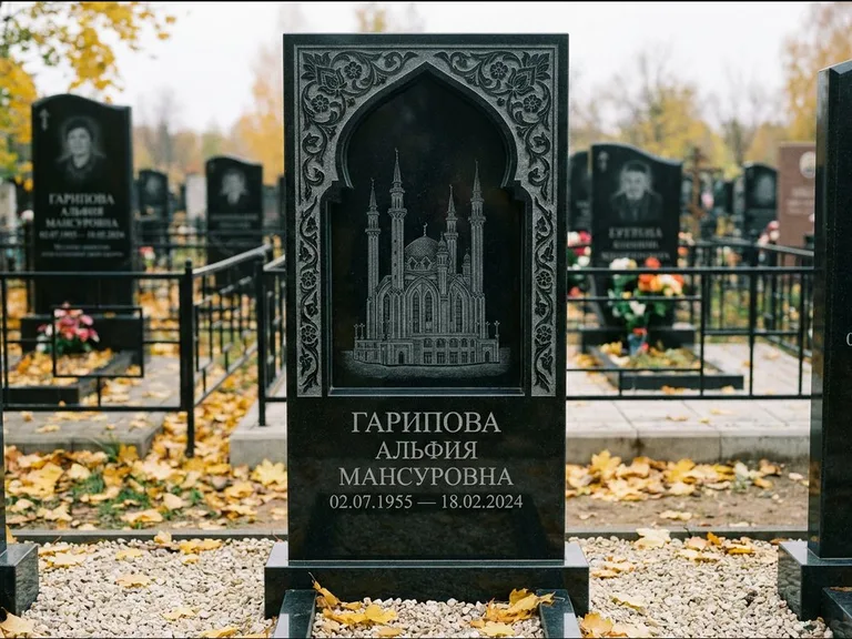 Мусульманский памятник с гравировкой мечети: фигурная стела с михраб-нишей — гравировка мечети в михраб-арке с орнаментом, светлая гравийная отсыпка, работа «Гарипова» в Краснодаре