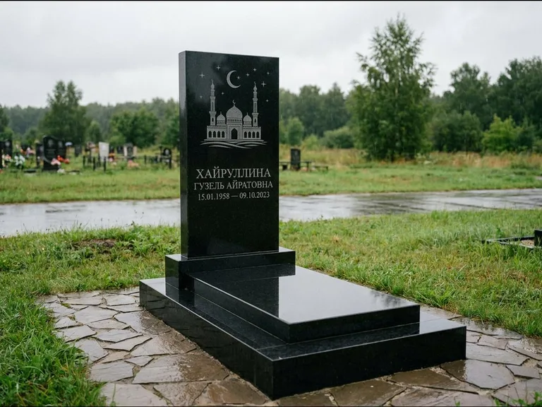 Мусульманский памятник с гравировкой мечети: ступенчатая двухуровневая стела — гравировка мечети под полумесяцем и звёздами, каменная дорожка из плитняка, работа «Хайруллина» в Краснодаре